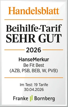 Handelsblatt Beihilfe-Tarif Sehr gut 2026: HanseMerkur Be Fit Best (AZB, PSB, BEB, W, PVB), im Test 19 Tarife, Franke und Bornberg, 30.04.2026