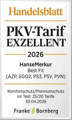 Handelsblatt PKV-Tarif Exzellent 2026: HanseMerkur Best Fit (AZP, EGO2, PS3, PSV, PVN), Franke und Bornberg, 30.04.2026
